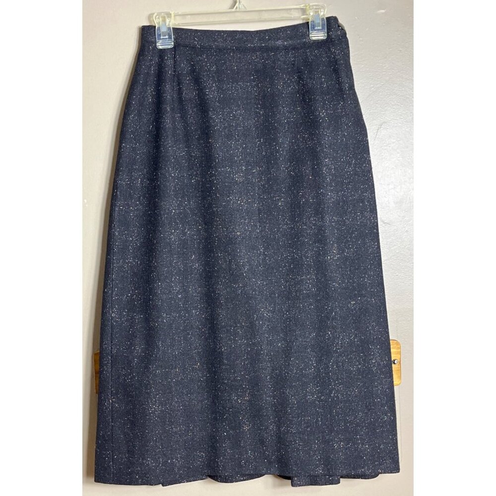 Vtg Tweed Wool Skirt Black Pencil Speckled Kick Pleat Preppy Heritage Womens 6 - Picture 4 of 9